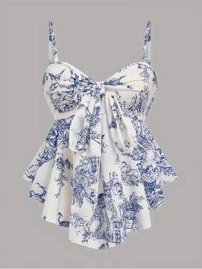 Blue & White Bow Tie-Front Peplum Cami Top New Boutique